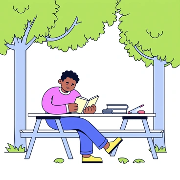 A student sitting at a wooden picnic table. The student is focused on reading an open book. Surrounding the table, there are tall trees with thick green leaves, creating a sense of enclosure. Sunlight filters through the branches, casting dappled shadows on the table. On the table, there is a small stack of notebooks and a pencil beside the book. The ground is covered with fallen leaves and patches of grass.