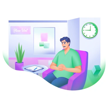A modern pastel illustration of a person sitting in a doctor's office. The person has a worried expression, with their hands clasped together on their lap. They are seated in a comfortable chair, surrounded by calm, pastel-colored walls. A clipboard and a pen are placed on a small table next to them. In the background, there is a waiting room filled with plants and a clock on the wall, which shows the time. A subtle sign on the wall displays the words "Please Wait" in gentle lettering.