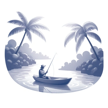 A small boat is floating on a lagoon. The fisherman, wearing a wide-brimmed hat, is sitting in the boat, holding a fishing rod. Water ripples gently around the boat. The lagoon is surrounded by dense tropical foliage, with large green leaves and tall palm trees reaching towards the sky. The sunlight filters through the leaves, casting intricate shadows on the water's surface.