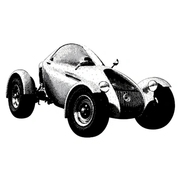 A vehicle is positioned prominently in the center of the image. It has an unconventional design, showcasing a streamlined body that deviates from standard car shapes. The wheels are oddly shaped, appearing as abstract forms with asymmetrical features, each uniquely designed. The vehicle's surface displays intricate patterns and textures, enhancing its unique appearance. Various components, such as headlights and mirrors, have been integrated into the overall atypical aesthetic, creating a cohesive yet unconventional look.