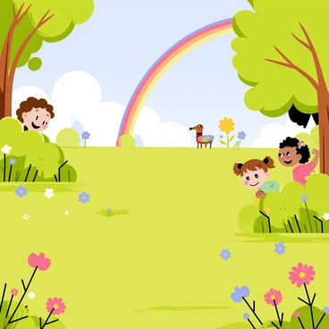 A wide green field filled with colorful wildflowers is the setting for children playing hide-and-seek. Several children are scattered throughout the scene. One child with curly brown hair is peeking out from behind a large tree, while another child with pigtails is crouched down behind a bush, giggling. In the background, a vibrant rainbow arcs across a bright blue sky, adding vivid colors to the scene. The sunlight shines down on the children, creating a joyful and playful atmosphere.