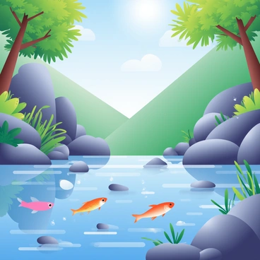A mountain stream flows gently through a rocky landscape, with crystal-clear water reflecting the blue sky above. Along the banks, various green aquatic plants are thriving, their leaves swaying slightly in the current. In the water, several fish can be seen swimming, displaying their vibrant colors. The stream is surrounded by tall trees with lush foliage, and small pebbles are scattered on the waterbed, adding texture to the scene. Bubbles rise from the fish as they break the surface, illustrating the natural gas exchange in the freshwater ecosystem. Bright sunlight filters through the branches, casting soft shadows on the shimmering water.