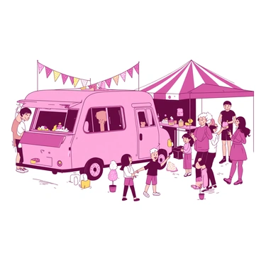 A pink trailer is parked at a local festival, decorated with colorful bunting and lights. Surrounding the trailer, there are multiple food stalls with brightly colored awnings serving various treats. Happy visitors of all ages are enjoying themselves, with some holding colorful food items, such as ice cream and cotton candy. Children are laughing and playing nearby, while adults chat and take pictures. The scene is lively and filled with excitement, capturing the essence of a joyful community gathering.