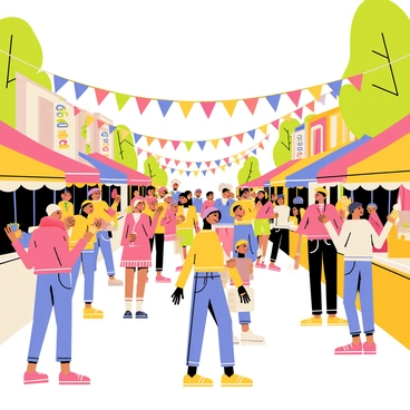 A lively street festival with colorful banners, dancers, and people enjoying delicious street food.