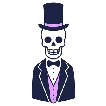 A detailed skull is centered, wearing a classic black tuxedo with a white shirt and bow tie. The skull has hollow eye sockets and a polished surface, adding a touch of elegance. Perched on top of the skull is a tall, stylish top hat, which adds to the formal appearance. The background is minimal, allowing the focus to remain on the intricacies of the tuxedo and the distinctive features of the skull.