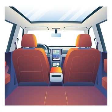 The interior of a luxurious SUV is richly adorned with heated leather seats in a deep, chocolate brown color. The seats have intricate stitching, giving them a high-end finish. There is a large sunroof above, allowing ample natural light to illuminate the spacious cabin. The dashboard features sleek, modern controls with a glossy finish, and elegant wood trim adds warmth to the environment. The floor is covered with plush carpeting that matches the leather seats, and there are cup holders integrated into the center console. A small, digital display is visible, showing the temperature settings and navigation options.