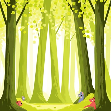 A dense forest filled with tall, green trees that have solemn faces carved into their trunks. The trees are adorned with vibrant leaves swaying gently in the wind. Small critters, like squirrels and rabbits, peek out from behind the trunks, adding life to the scene. A soft breeze carries leaves through the air, creating a dynamic effect around the trees as they seem to whisper to one another. Sunlight filters through the branches, casting dappled light on the forest floor, which is covered in soft moss and scattered fallen leaves.