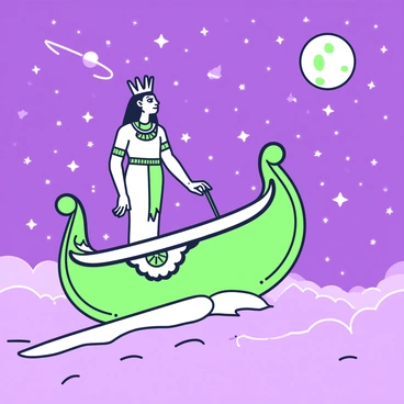 A depiction of "Sekhmet," the ancient Egyptian goddess, traveling on a "solar barque" across a vast, starry sky. The solar barque is ornately designed, featuring a curved hull with intricate details. Sekhmet, with a lioness head and a human body, stands confidently at the helm. She is adorned in traditional Egyptian attire, including a crown and jewelry. The starry sky is filled with numerous bright stars, and celestial bodies can be seen in the background, enhancing the scene's mystique. The boat glides smoothly through the night, leaving a subtle trail in its wake.