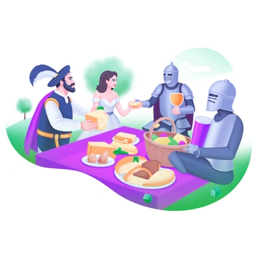 A picnic scene featuring individuals from different historical periods enjoying a meal together. In the foreground, a Renaissance gentleman wearing a feathered hat is sharing bread and cheese with a Victorian woman dressed in an elegant gown. Nearby, a Native American man is serving corn and berries to a Roman soldier in armor, while a medieval knight sits on the grass, holding a flagon of mead. A vibrant picnic blanket is spread out, adorned with fruit, pastries, and a basket filled with various foods. The background depicts trees and a tranquil sky, enhancing the cheerful atmosphere of this diverse gathering.