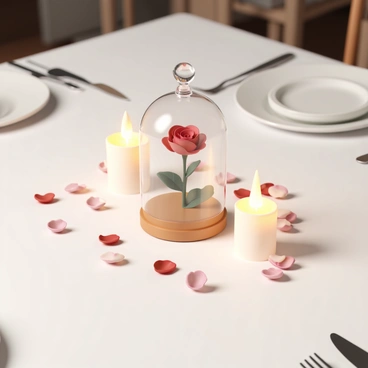 A elegantly set dinner table with softly flickering candles providing warm light. The table is adorned with a white tablecloth and fine dining dishes. In the center, there is a single red rose placed delicately under a clear glass cloche. The cloche is positioned atop a small wooden pedestal, creating a focal point on the table. Surrounding the cloche are scattered rose petals in shades of red and pink, enhancing the romantic atmosphere. The soft glow from the candles casts gentle shadows, adding depth to the scene.