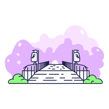 A bridge stretches across the image, with its structure intricately detailed. The bridge appears to fade into a dense fog that envelops the far end, creating an illusion of depth. The fog rolls softly around the edges of the bridge, suggesting a mysterious atmosphere. At the start of the bridge, there are small decorative lanterns on either side, casting soft light towards the pathway. The ground beneath the bridge is slightly uneven, with patches of grass visible. In the background, the fog dominates the scene, hiding any features or destinations that might lie beyond the bridge.