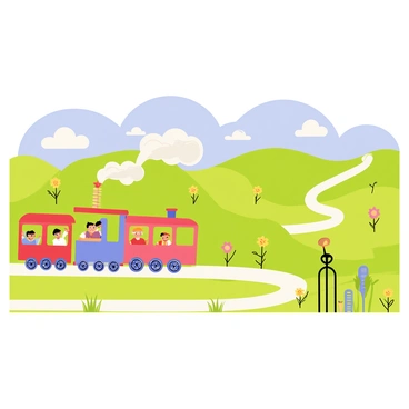 A whimsical train chugging along a winding track through a picturesque countryside. The train is colorful, with bright red and blue cars, and puffs of white smoke trailing behind it. Green hills stretch out in the background dotted with blooming wildflowers. Smiling passengers are leaning out of the windows, waving cheerfully. A clear blue sky with fluffy white clouds completes the scene.