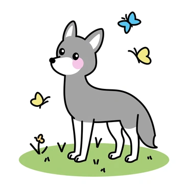 A curious grey wolf with sleek fur and bright amber eyes is standing in a vibrant green meadow. The wolf's ears are perked up, and its nose is intricately detailed, as it looks intently at the surrounding area. Colorful butterflies in various shades of blue, yellow, and orange are fluttering around it, adding a dynamic element to the scene. The meadow is dotted with small wildflowers, creating a lively and natural atmosphere. The sunlight filters through, casting gentle shadows on the ground.
