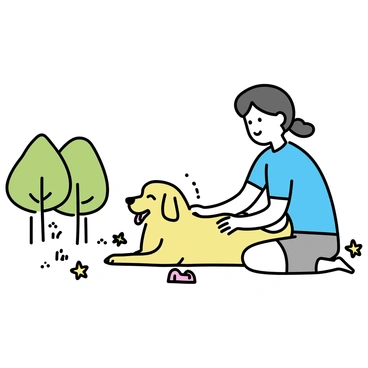A massage therapist, wearing a blue t-shirt and khaki shorts, is sitting on the grass in a park. She is gently massaging a happy dog, a golden retriever with a shiny coat, lying comfortably on its side. The dog has its eyes closed, with a content expression and its tongue slightly out. Surrounding them are green trees and a few scattered wildflowers, creating a peaceful outdoor setting. The therapist's hands are softly rubbing the dog's back, and a couple of toys are placed nearby.