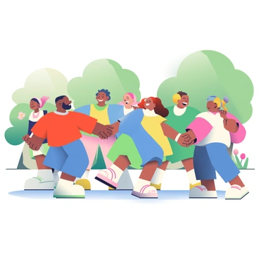 A diverse group of people joining hands in a joyful circle dance.