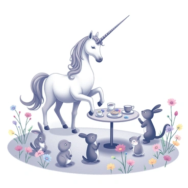 A unicorn stands gracefully in a flower-filled meadow. The unicorn has a long, spiraled horn and a flowing mane that billows gently in the breeze. Around the unicorn, a variety of colorful flowers bloom, creating a vibrant tapestry of nature. A small table is set up with an assortment of delicate teacups and a teapot. There are also plates filled with pastries and sweet treats. Several woodland creatures, such as rabbits and squirrels, are gathered around, looking curiously at the tea party. The scene is filled with a sense of joy and enchantment.