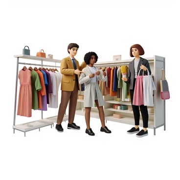 A personal shopper with light brown hair and wearing a stylish outfit, including a fitted blazer and tailored pants, stands beside a customer. The customer, a young woman with curly hair, is holding several clothing items while looking thoughtful. The clothing store is brightly lit and features various racks filled with colorful garments, including dresses, tops, and skirts. The personal shopper gestures towards a trendy dress on a nearby rack, suggesting it to the customer. Various accessories like scarves and handbags are displayed on a nearby shelf.