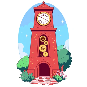 A red towering clock tower stands tall against a blue sky, adorned with intricate golden gears and celestial designs etched into its surface. The clock face is prominent at the top, displaying ornate numbers and hands that are elegantly designed. Surrounding the tower, small stars twinkle, adding a sense of wonder. Below the clock tower, a cobblestone path leads up to its grand entrance, framed by lush greenery and bright flowers. The gears within the clock tower are visible through large glass panels, spinning rhythmically as they tick in harmony.