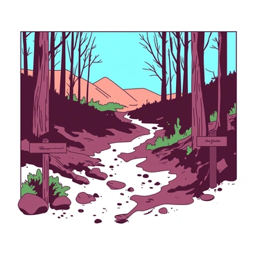 A hiking trail winds through a forest where trees have recently been charred by a wildfire. The ground is covered in remnants of blackened bark and scattered ash, while the trunks of the trees stand in stark contrast, with some partially burned and others unscathed. Patches of green vegetation begin to emerge among the charred landscape, indicating new growth. In the distance, a bright blue sky peeks through the remaining branches, casting a warm light over the scene. A small wooden signpost indicates the hiking trail, partially obscured by the charred remains of nearby bushes.