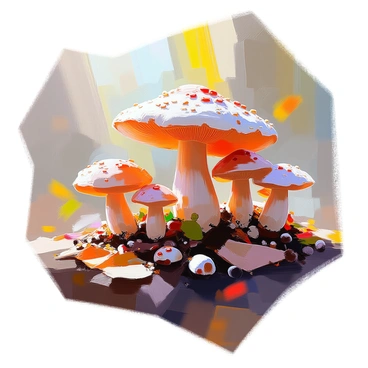 A dense forest floor covered with a variety of fungi, showcasing different shapes and colors. The mushrooms are sprouting from the rich, dark soil, surrounded by fallen leaves and small twigs. The mycelium networks are visible beneath the surface, intertwining and spreading outwards, indicating the process of osmosis with delicate filaments reaching towards the moisture in the earth. Sunlight filters through the tree canopy above, casting dappled light on the fungi, enhancing their textures and colors. The scene conveys a sense of life and interconnection among the organisms in this natural environment.