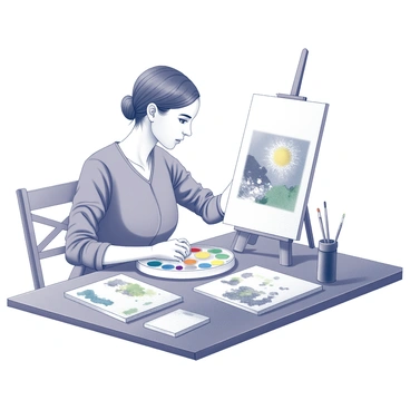 An artist is seated at a wooden table, surrounded by an array of materials. The table features a palette with pools of watercolor, scattered brushes, and an assortment of ink bottles. The artist is focused on a canvas, applying watercolor with a brush in one hand and a pen in the other, creating intricate details. Nearby, sheets of collage materials are waiting to be incorporated into the artwork. The scene captures the artist's creative process, showcasing the vibrant textures and the merging of different techniques.