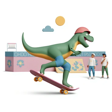 A colorful dinosaur, specifically a bright green T-Rex, is balancing on a skateboard in a skate park. The dinosaur is wearing a red helmet and blue knee pads, showcasing its playful personality. It is mid-trick, with one foot lifted off the skateboard while its arms are extended for balance. In the background, there are ramps and graffiti-covered walls typical of a skate park, with a few spectators watching in amazement. The scene is vibrant and energetic, with the sun shining down on the exciting performance.