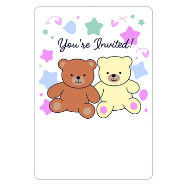 A baby shower invitation featuring two teddy bears, one brown and one cream, sitting side by side. The background is filled with soft pastel colors like light pink, baby blue, and mint green. Above the teddy bears, the text "You're Invited!" appears in a playful font. Below the bears, there is space for the event details, decorated with small stars and hearts in matching pastel shades. The overall design has a gentle and cheerful feel.
