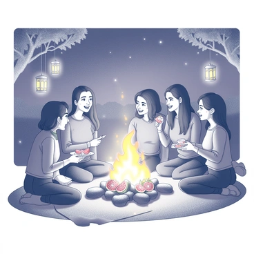 A group of five friends gathered around a large bonfire on Yalda night. The flames emit a warm glow, casting flickering shadows on their faces. One friend, with a cheerful expression, is animatedly speaking, while another leans in, listening intently. A third friend is laughing, holding a plate of traditional Yalda fruits, including pomegranates and watermelons. The fourth friend sits cross-legged on a cozy blanket, sipping tea from a delicate cup. The fifth friend is playfully tossing a piece of fruit into the fire. In the background, a few decorative lanterns hang from nearby trees, adding to the festive atmosphere. The night sky is dotted with stars, completing the scene.