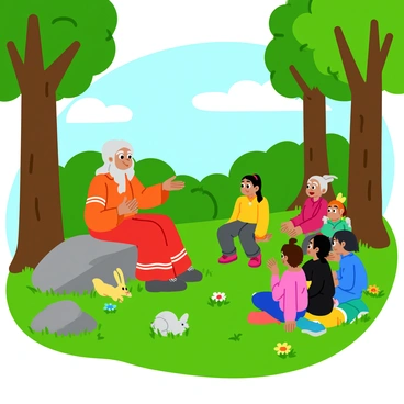 A wise native elder with long gray hair and traditional attire sits on a large, smooth rock in a small clearing surrounded by tall trees. The elder gestures animatedly as they share stories, with a warm smile on their face. A group of curious children, varying in age and wearing colorful clothing, sit in a semicircle around the elder, their eyes wide with fascination. Sunlight filters through the leaves above, casting dappled light on the scene, and small woodland creatures, like rabbits and birds, peek out from the foliage, listening intently. The ground is covered with soft green grass and scattered wildflowers, creating a peaceful and inviting atmosphere.