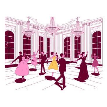 A grand Victorian ballroom is filled with elegantly dressed dancers twirling gracefully across a polished wooden floor. The room is adorned with ornate moldings and intricate wallpaper in soft hues. Above, several large crystal chandeliers hang from the ceiling, casting a warm glow over the scene. Beautifully crafted columns line the edges of the ballroom, and large windows reveal glimpses of a starlit night. The dancers wear formal attire, with men in dark suits and women in flowing dresses, creating a captivating display of movement and color.