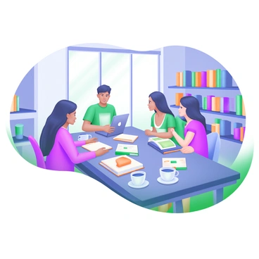 A modern pastel illustration depicting a group of four students gathered around a large rectangular library table. The students, two male and two female, are engaged in discussion, with books and notes scattered across the table. One student has a laptop open, displaying a colorful screen. The walls of the library are lined with shelves filled with colorful books. A large window allows sunlight to pour in, illuminating the scene. Two coffee cups sit on the table, adding to the study atmosphere.