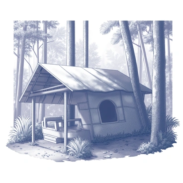 A makeshift shelter constructed from palm leaves and sticks rests in a dense forest. The shelter has a pitched roof formed by overlapping palm leaves, supported by a framework of sturdy sticks. Surrounding the shelter, tall trees with thick trunks and a network of branches create a canopy overhead. The forest floor is covered with a layer of fallen leaves and small undergrowth. Sunlight filters through the foliage, casting dappled shadows on the shelter and the ground. Various plants and ferns grow nearby, contributing to the lush environment.