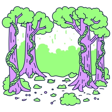 A dense forest scene filled with tall trees. The trees have thick trunks and a wide canopy of leaves. Each tree is wrapped in spiraling ivy that climbs up their sides, giving a textured appearance. The ground is covered with a mix of fallen leaves and small shrubs, while shafts of light filter through the branches above. In the background, the forest extends further with layers of greenery, creating a sense of depth and richness in the environment.