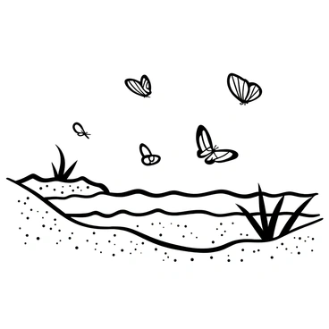 Butterflies fluttering above a sandy beach, creating a dynamic scene. The sandy beach is detailed with grains and texture, while gentle waves are rolling in the background, creating a rhythmic pattern. The silhouettes of the butterflies are captured as they navigate through the air, gracefully interacting with the coastal environment.