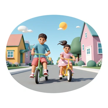 Two children are racing on colorful tricycles along a sunny neighborhood street. One child, a boy wearing a blue t-shirt and red shorts, pedals furiously on a bright green tricycle. The other child, a girl dressed in a pink dress with white polka dots, rides a yellow tricycle, her hair streaming behind her as she laughs. Vibrant houses line the street, each painted in different colors, with well-maintained lawns and flowering bushes along the sidewalks. The sun shines brightly in a clear blue sky, casting playful shadows on the pavement as the children compete joyfully.