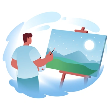 An artist is standing on a gentle slope, focused on painting a vibrant landscape. The artist is wearing a loose-fitting shirt and has a palette in one hand while the other hand holds a brush poised over a canvas. The canvas displays a beautiful scene of rolling hills and distant mountains illuminated by "moonlight." The sky is filled with "twinkling stars" against a deep blue background. A gentle breeze is causing the grass to sway slightly. The moon is large and round, casting soft light over the entire scene. In the background, there are silhouettes of trees framing the landscape, enhancing the tranquil atmosphere.