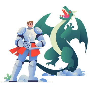 A valiant knight in shining armor stands in a defensive stance, gripping a sword tightly in his right hand. He has short brown hair and a determined expression on his face. The armor reflects the light, showcasing intricate patterns and a polished surface. In front of him, a fierce dragon with dark green scales and glowing red eyes towers, its wings spread wide. The dragon's sharp teeth are visible as it roars, creating a tense atmosphere. A rocky terrain surrounds them, with scattered stones and patches of grass, setting the scene for an epic confrontation.