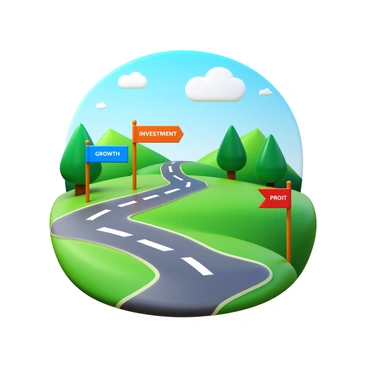A detailed road map featuring a winding path that leads through various terrains. The path is marked with three key milestones, each labeled with the words "investment", "growth", and "profit". The milestone for "investment" is depicted at the beginning of the path, represented with a small flag. The "growth" milestone is positioned mid-way along the path, indicated by a larger flag. The "profit" milestone is at the end of the path, highlighted by a prominent, colorful flag. The road map background includes varied landscapes such as hills, forests, and a clear sky.