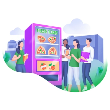 A modern pastel illustration of a vending machine located on a college campus. The vending machine is brightly colored and displays a variety of "Fresh Pizza Slices" in glowing letters. The machine has a clear window revealing ready-to-serve slices of pizza, each topped with vibrant ingredients like pepperoni, bell peppers, and olives. Surrounding the machine are a group of diverse college students, some holding textbooks and others eagerly waiting to order. The scene is set at dusk, with soft campus lighting creating a welcoming atmosphere.