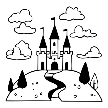 A detailed black-and-white illustration of a large fairy tale castle with tall spires and ornate features. The castle is set atop a hill, with intricate stonework visible on its walls. Surrounding the castle are whimsical clouds, each with unique shapes and flowing lines. The clouds appear to twist and curl around the castle, creating a sense of enchantment. A pathway leading up to the castle can be seen in the foreground, lined with stylized trees that add to the fantasy atmosphere.