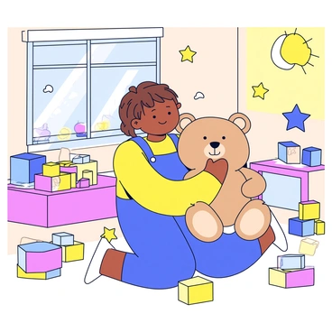 A child with short brown hair is hugging a giant teddy bear that is light brown and has a friendly expression. The child is wearing a bright yellow shirt and denim overalls. The playroom is filled with colorful toys scattered around, including building blocks in various shapes and sizes. The walls of the playroom are painted in pastel colors, with illustrations of animals and stars. Sunlight streams in through a window, casting warm light across the room.