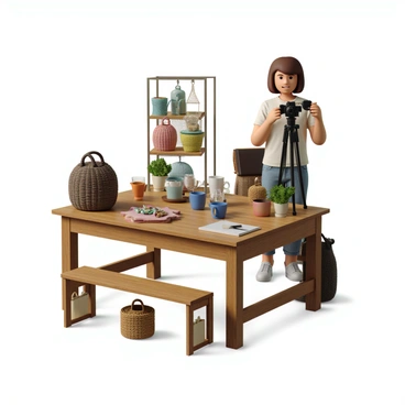 A photographer with medium-length brown hair is positioned behind a professional camera on a tripod, focused on a display of intricately designed handmade products. The setting features a wooden table with various items, including colorful ceramic mugs, handcrafted jewelry, and woven textile bags, all arranged aesthetically. Natural light streams in from a nearby window, illuminating the details of each product. The photographer is adjusting the camera settings while taking notes on a clipboard beside them.