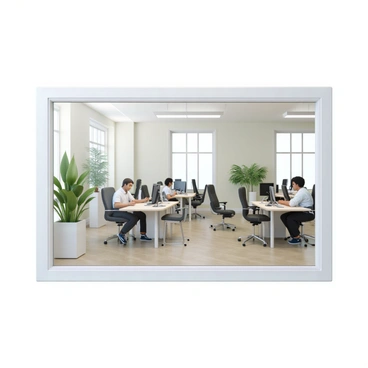A large, clear window labeled "Transparency" is prominently displayed. The window reveals a bright and open office environment filled with modern furniture. Inside, there are several desks with sleek computers and ergonomic chairs. Natural light floods the space, highlighting the green plants placed on various surfaces. The walls are painted in soft colors, creating a welcoming atmosphere. Several people are visible at their desks, engaged in work and collaboration.