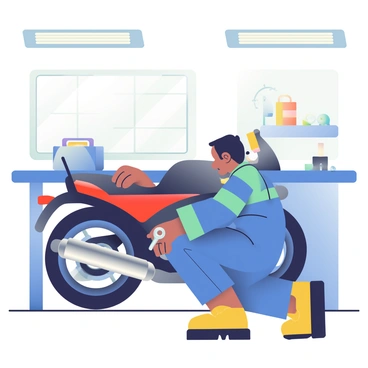 A mechanic with short black hair and wearing a blue work jumpsuit is crouched beside a motorcycle in a garage. He is focused on attaching a shiny chrome exhaust system to the bike, using a wrench in his right hand. The motorcycle is a sleek black model with red accents and a polished tank. Various tools are scattered around on a workbench in the background, including a toolbox, screws, and a ratchet set. Bright fluorescent lights overhead illuminate the workspace, highlighting the mechanic's concentration and the intricate details of the motorcycle.