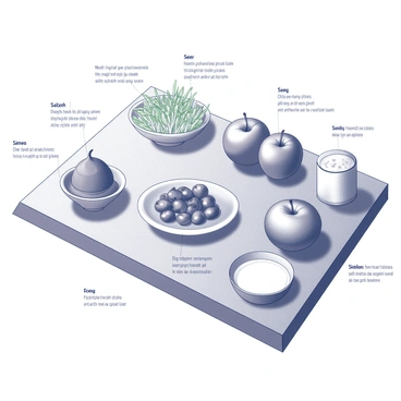 A flat lay composition of various Haft-Sin items on a smooth surface. Each item is arranged individually, clearly showcasing its unique attributes. "Sabzeh" is a small dish filled with fresh green sprouts, symbolizing rebirth and growth. Next to it, "Samanu," a bowl of sweet pudding, is placed, representing the sweetness of life. A "Senjed" dish contains dried Persian olives, signifying love. Beside it, a plate of "Seer," which consists of garlic cloves, symbolizes health and medicine. Next, there's a dish of "Seeb," with shiny red apples representing beauty and health. An "Somāq" bowl filled with sumac berries represents the sunrise and the triumph of good over evil. Lastly, a small container of "Serkeh" holds vinegar, symbolizing patience and wisdom. Each item is clearly labeled with brief descriptions next to them, enhancing the visual narrative.