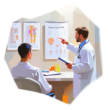A doctor with medium skin and short brown hair is standing in a bright and modern medical office. He is wearing a white lab coat over a light blue shirt, and a stethoscope is draped around his neck. The doctor is pointing to a "penis size chart" on the wall, which displays various illustrations and measurements. There is a clipboard in his other hand, and a patient sits across from him, looking attentively at the chart. The office is well-lit with medical posters and a desk with medical supplies in the background.