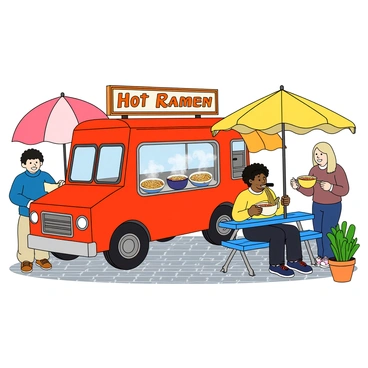 A bright red ramen food truck with large windows showcasing the steaming bowls of noodles inside. The truck has a colorful sign with the words "Hot Ramen" in bold letters. Several customers are gathered around the truck, each holding a bowl of steaming ramen. One customer with curly black hair is sitting on a blue picnic bench, happily slurping noodles with chopsticks. Another customer, a young woman with straight blonde hair, is standing under a large yellow umbrella, smiling as she takes a bite from her bowl. The scene is lively, with colorful umbrellas scattered around, providing shade for the customers as they enjoy their meals. The ground is paved with gray bricks, and there are a few green plants in pots nearby.