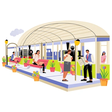 A charming old train station with a large, arched roof made of wood and glass. The platform features vintage benches with a few passengers sitting and waiting. Two women are chatting while a man reads a newspaper. There are old-fashioned light posts illuminating the scene. A steam train, with a billowing cloud of smoke, is seen pulling into the station in the background. Colorful flowers are arranged in planters along the platform edges. The overall atmosphere feels lively with the buzz of conversation and anticipation.