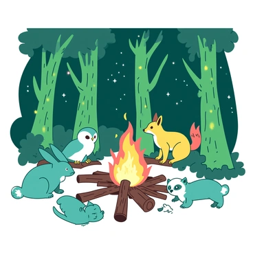 A group of animals is gathered around a flickering bonfire in a magical forest clearing. In the center, there is a warm, glowing bonfire with bright orange flames dancing upwards. Forming a circle around the bonfire are various animals: a teal rabbit with large ears, a yellow fox with bushy tail, and a white owl perched on a low branch, observing the scene. Nearby, a small teal raccoon is playfully poking at the logs with its tiny paws. Surrounding the clearing, tall trees covered in vibrant green moss stretch up towards the sky, with twinkling lights resembling stars peeking through the leaves. The atmosphere is filled with a sense of wonder and camaraderie among the animals.