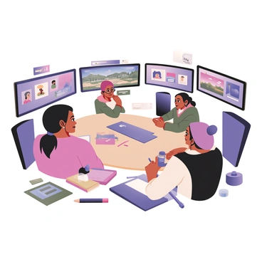 A digital flat illustration depicting a virtual meeting with multiple illustrators engaged in discussion. There are six screens visible, each displaying different styles of digital art, including vibrant character designs and intricate landscapes. In the foreground, a central circular screen shows a group of three illustrators, one with short curly hair and glasses, another with long straight hair tied back, and the third with a beanie, all focused and animated in conversation. Around them, various artistic tools like styluses and sketchbooks are scattered. The background is filled with colorful art supplies and design elements, creating a dynamic and collaborative atmosphere.